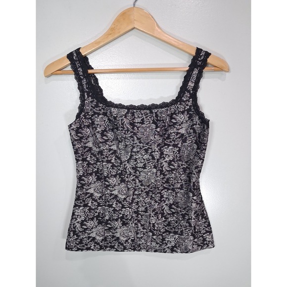Cache Tops - Cache Womens Silver Black Floral Lace Trim Faux Corset Tank Top Small Whimsigoth